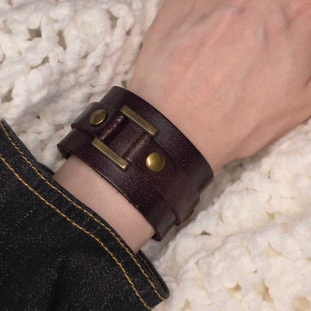Brown Leather Cuff Bracelet Antique Brass Tone Wide Boho Steam Punk
